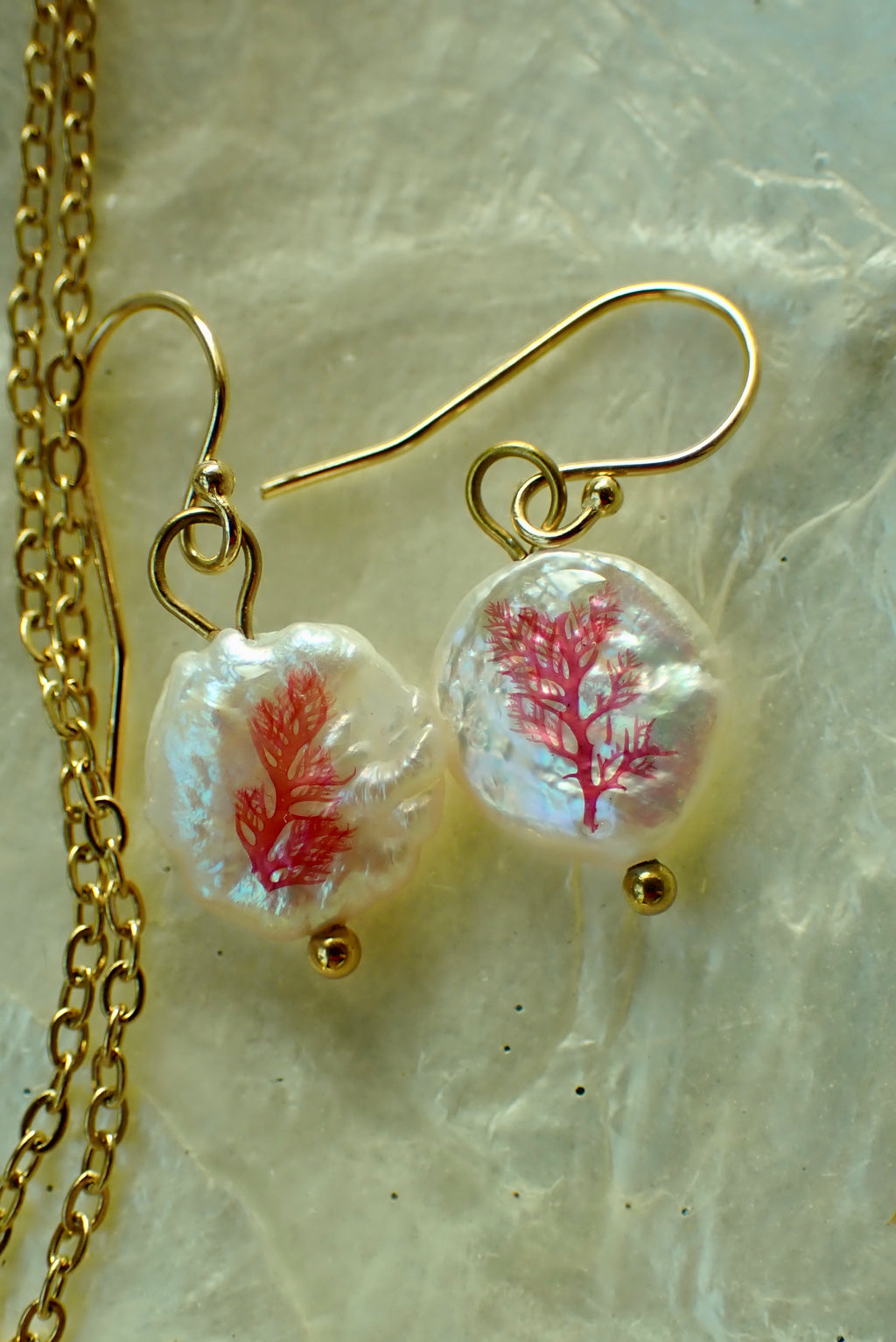 Pink Seaweed Freshwater Pearl Drop Earrings